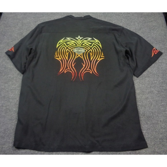 Harley Davidson Tori Richard Men Silk Shirt XL Black Flames Tribal Embroidered